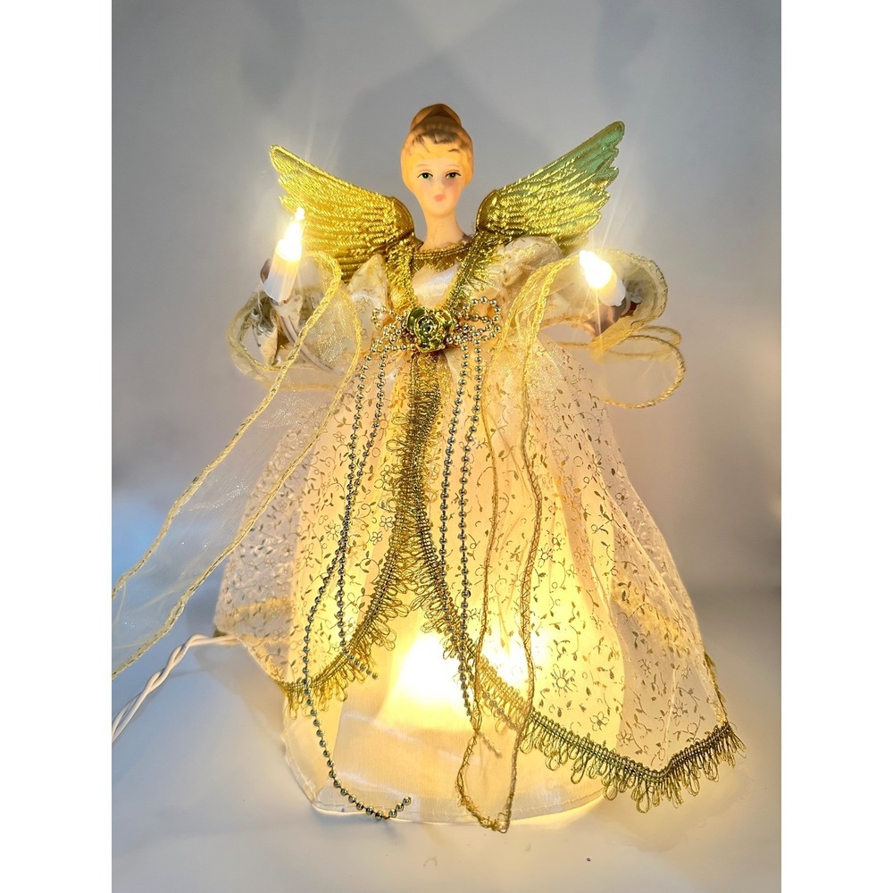 Vintage Lighted Angel Christmas Tree Topper Gold Ivory Porcelain 11 inch